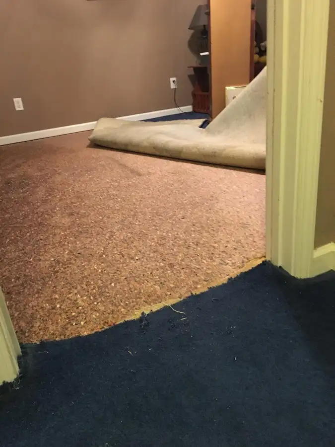 Carpet pad removal revealing water damage during Water Mitigation Services in Shelby